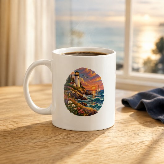 海岸の灯台と夕日のオーシャンアートマグ コーヒーマグカップ