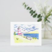 海岸の灯台と釣り船 ポストカード (スタンド正面)