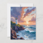 海岸の灯台の夕焼け | ビーチの絵画カード (正面)