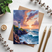 海岸の灯台の夕焼け | ビーチの絵画カード
