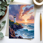 海岸の灯台の夕焼け | ビーチの絵画カード