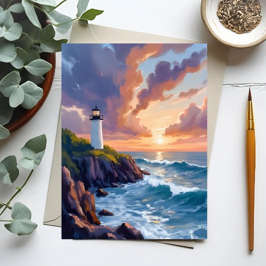 海岸の灯台の夕焼け | ビーチ オーシャン 絵画 ポストカード