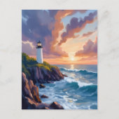 海岸の灯台の夕焼け | ビーチ オーシャン 絵画 ポストカード (正面)