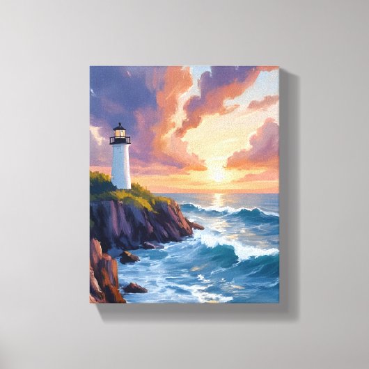 海岸の灯台の夕焼け | 海の風景画 キャンバスプリント (正面)
