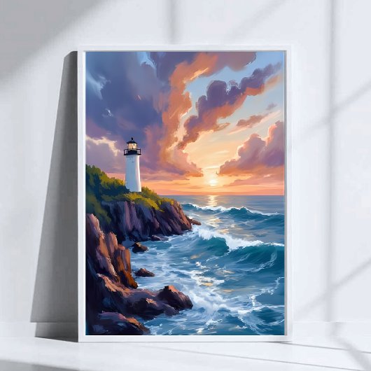 海岸の灯台の夕焼け | 海の風景画 ポスター