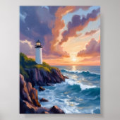 海岸の灯台の夕焼け | 海の風景画 ポスター (正面)