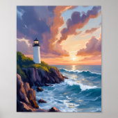 海岸の灯台の夕焼け | 海の風景画 ポスター (正面)