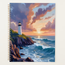 海岸の灯台の夕焼け | 海洋ビーチの絵画