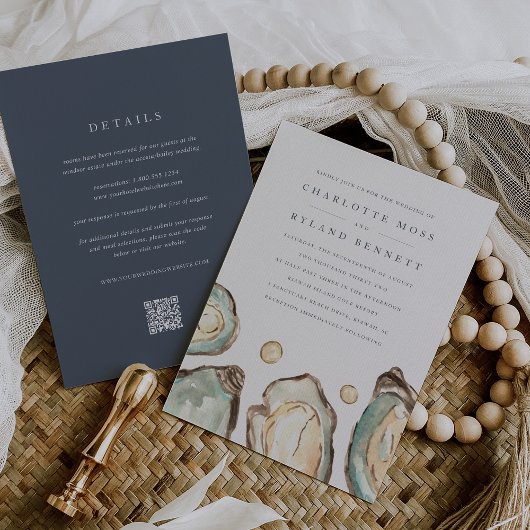 海岸の牡蠣オールインワンQRコードウェディング 招待状