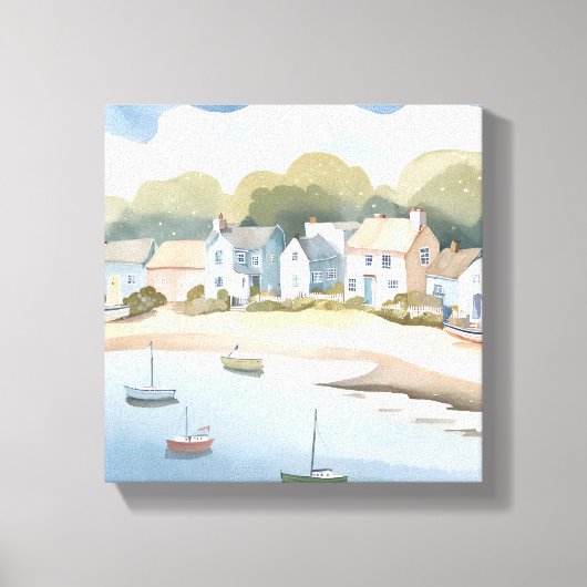 海岸の町 | 爽やかなビーチの水彩画 キャンバスプリント (正面)