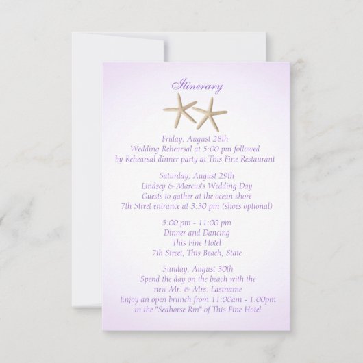 海岸の紫のハイドランジアの結婚式の行程 招待状 (正面)