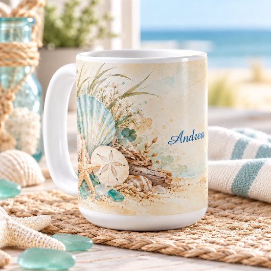 海岸の貝殻とシーグラス コーヒーマグカップ