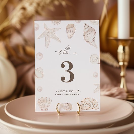 海岸の貝殻とパール　5x7 nautical wedding table number 招待状