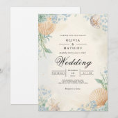海岸の貝殻 フローラル アーチ ウェディング 招待状 (正面/裏面)