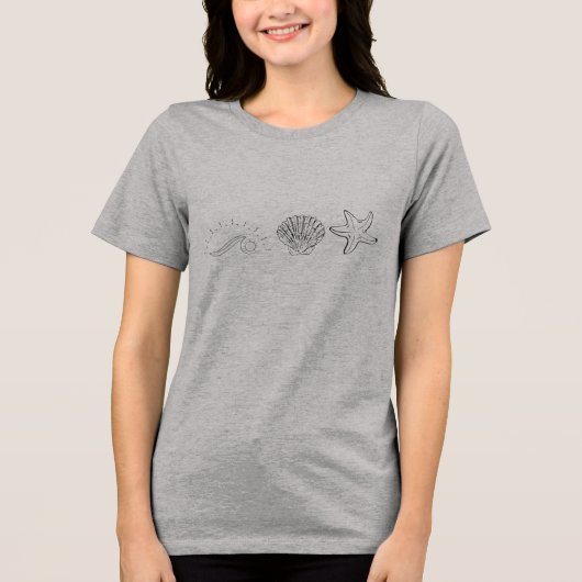 "海岸の雰囲気 - 波、貝殻、ヒトデのラインアート" トライブレンドＴシャツ (正面)