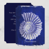 海岸の青いコンキ貝殻のウェディング 招待状 (正面/裏面)