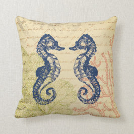 海岸の青いタツノオトシゴのコラージュ クッション