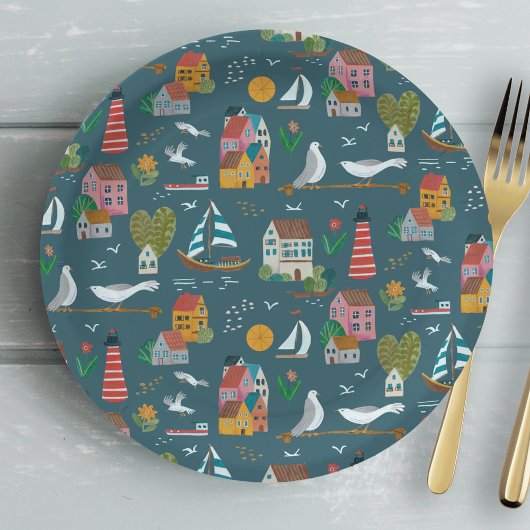 海岸の青い模様の男の子のベビーシャワーパーティー ペーパープレート