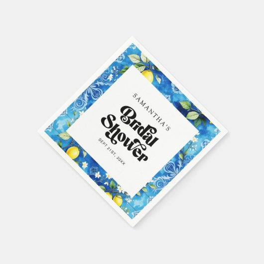 海岸の青い水彩画のレモンシトラス ブライダルシャワー スタンダードカクテルナプキン (角)