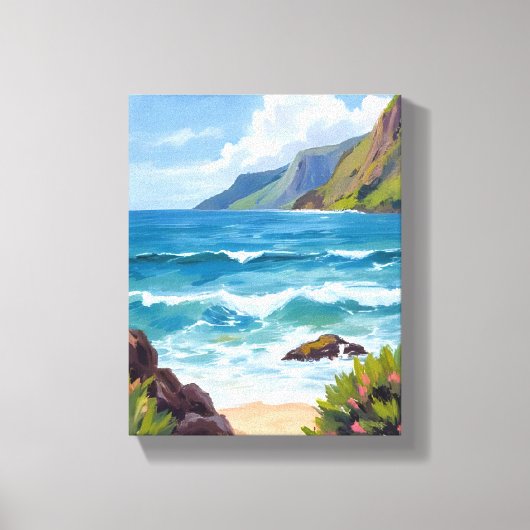 海岸の青い波の水彩画 キャンバスプリント (正面)