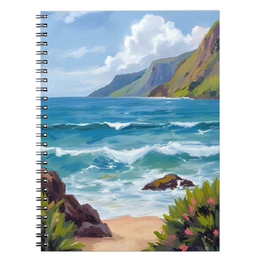 海岸の青い波の水彩画 ノートブック (正面)