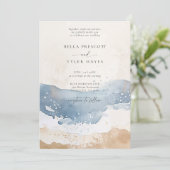 海岸の青い海のビーチの波の砂のエレガントなウェディング 招待状 (スタンド正面)