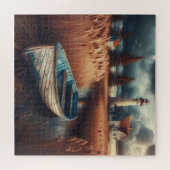 海岸の静けさ: 灯台と漕ぎ船 ジグソーパズル (横)