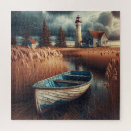 海岸の静けさ: 灯台と漕ぎ船 ジグソーパズル