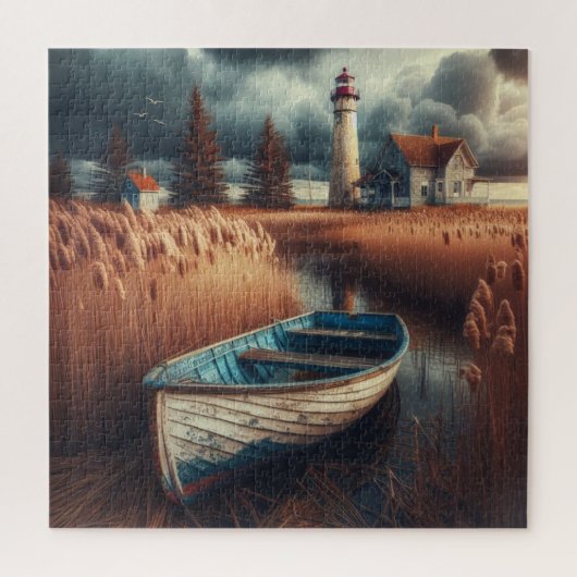 海岸の静けさ: 灯台と漕ぎ船 ジグソーパズル (縦)
