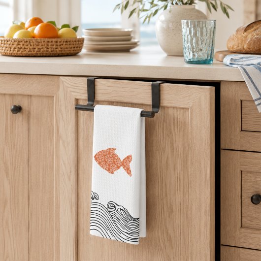 海岸の魚と波 キッチンタオル