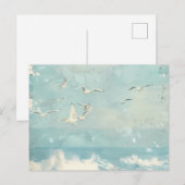 海岸の鳥 海 オーシャンブルー 空 コラージュ背景 ポストカード (正面/裏面)