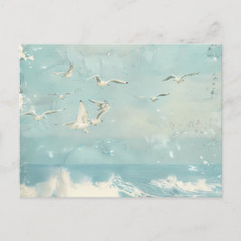 海岸の鳥 海 オーシャンブルー 空 コラージュ背景 ポストカード