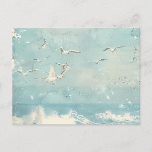 海岸の鳥 海 オーシャンブルー 空 コラージュ背景 ポストカード (正面)