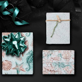 海岸の chic | ティールとコーラルリーフのパステル柄 ラッピングペーパーシート