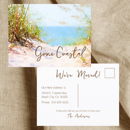 海岸を離れて 新居 海辺の波 水彩画 案内ポストカード