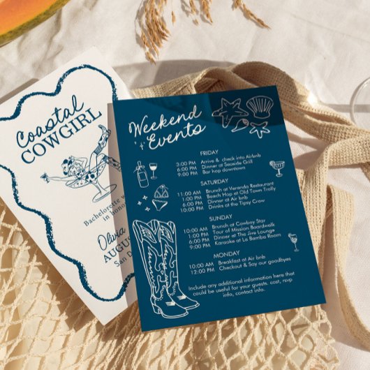 海岸カウガール独身最後の週末の予定 招待状