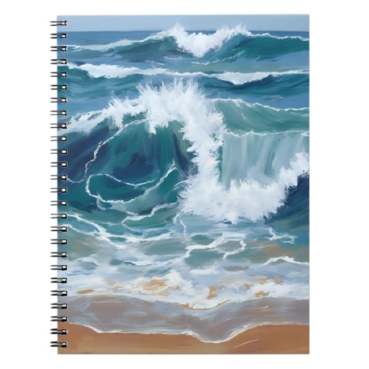 海岸ブルーの水彩画|打ち寄せる大波 ノートブック (正面)