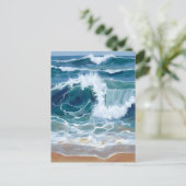 海岸ブルーの水彩画｜打ち寄せる大海原の波 ポストカード (スタンド正面)