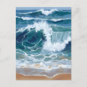 海岸ブルーの水彩画｜打ち寄せる大海原の波 ポストカード (正面)