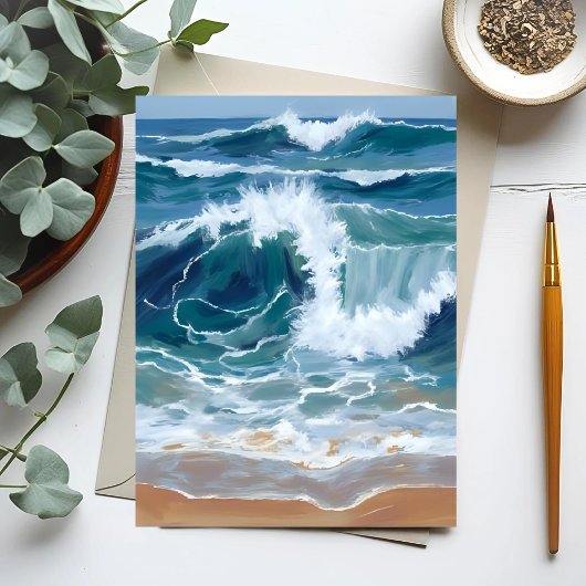 海岸ブルーの水彩画｜打ち寄せる大海原の波 ポストカード