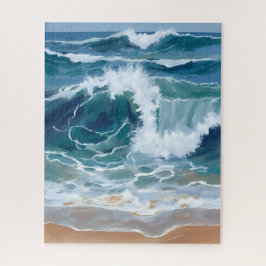 海岸ブルーの水彩画|激しい波打ち際 ジグソーパズル