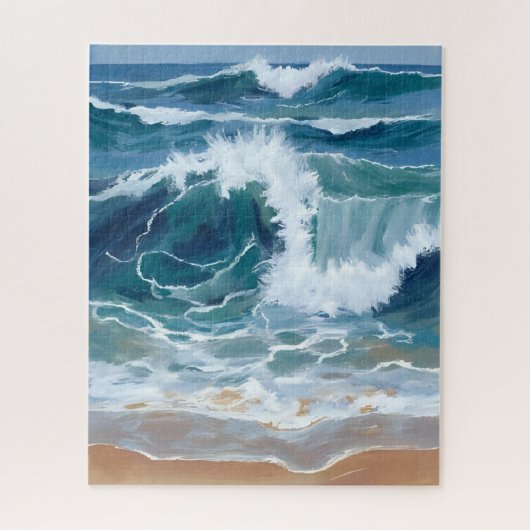 海岸ブルーの水彩画|激しい波打ち際 ジグソーパズル (縦)