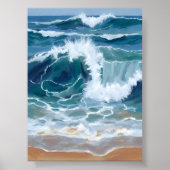 海岸ブルーの水彩画｜激しい波打ち際 ポスター (正面)