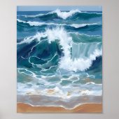 海岸ブルーの水彩画|激しい波打ち際 ポスター (正面)