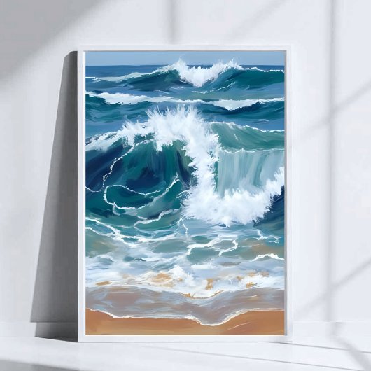 海岸ブルーの水彩画｜激しい波打ち際 ポスター
