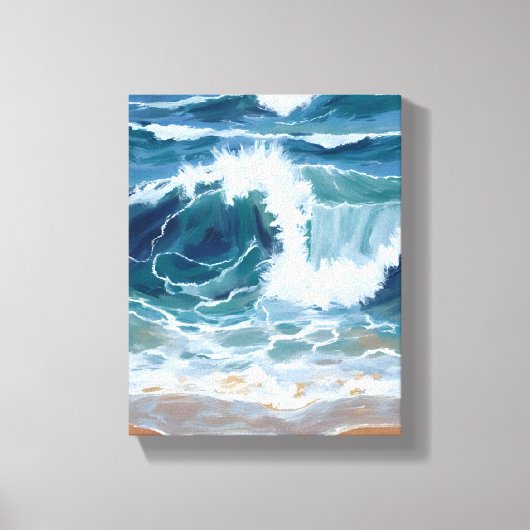 海岸ブルーの水彩画｜激しい波 キャンバスプリント (正面)