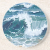 海岸ブルーの水彩画 激しい波 コースター (正面)