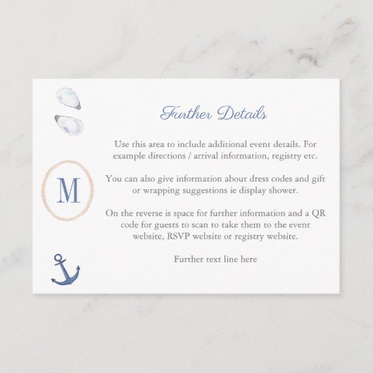 海岸モノグラムベイビーシャワーレジストリーQRコード エンクロージャーカード (正面)