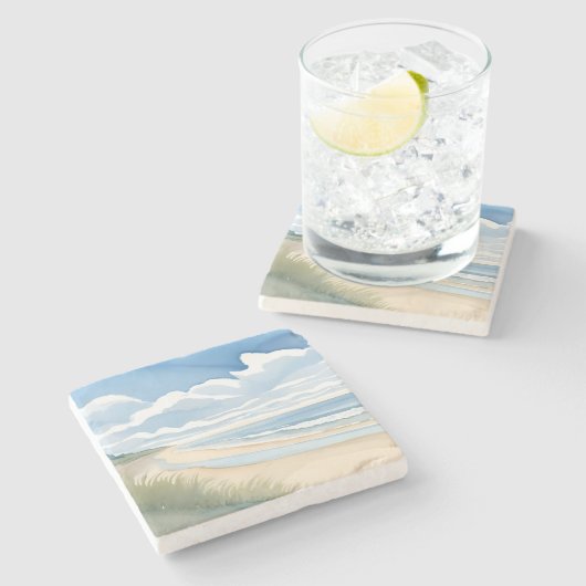 海岸散歩 | 海の水彩画 ストーンコースター (横)