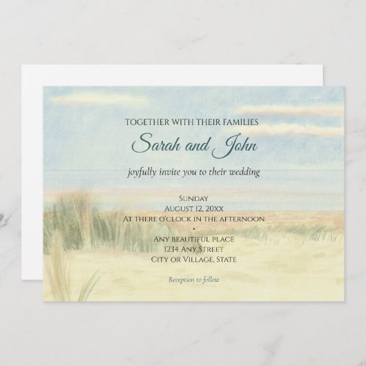 海岸水彩風景自然結婚ズ 招待状 (正面/裏面)